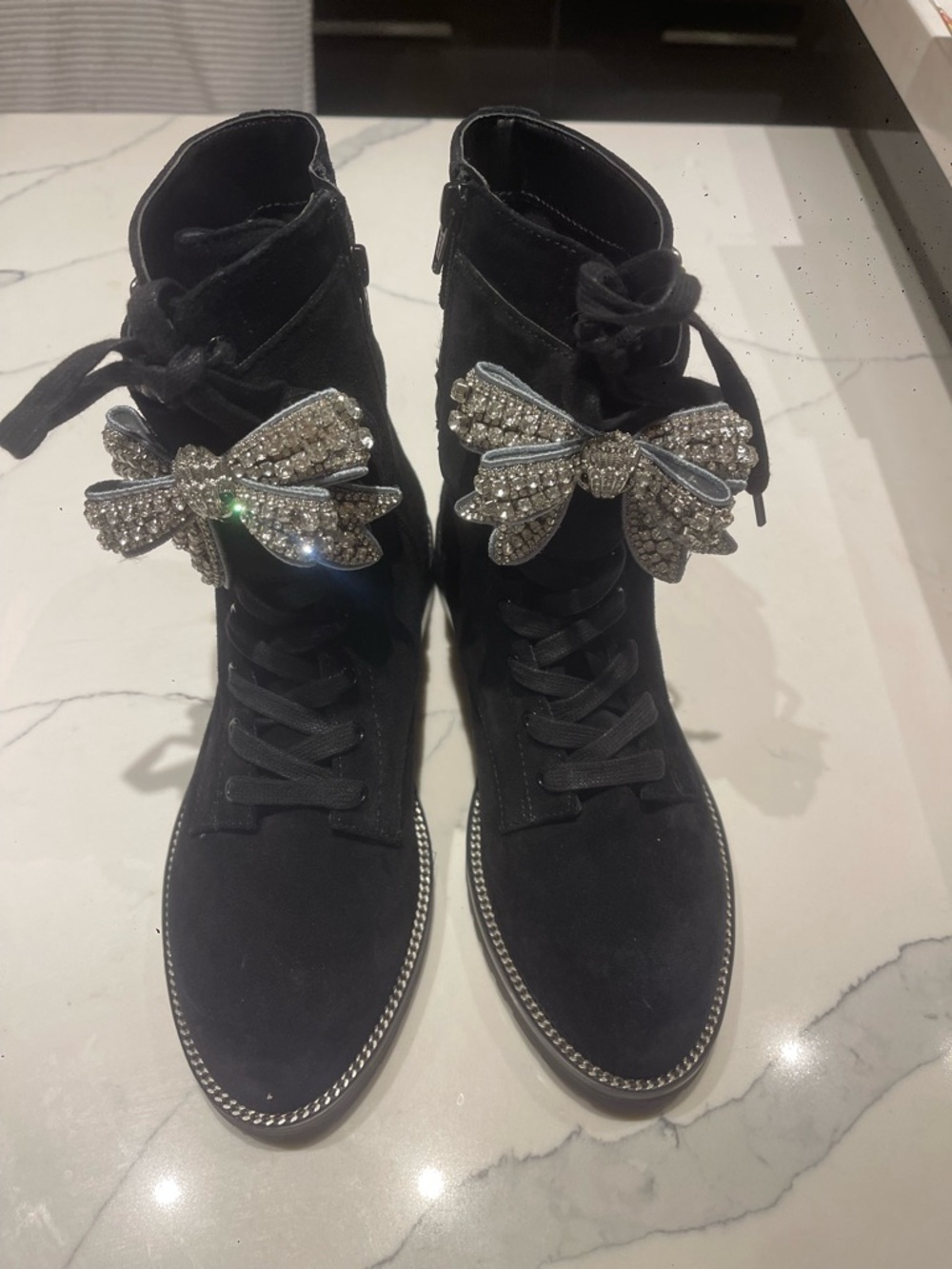 Kurt Geiger Black Suede Lace-Up Ankle Boots with Crystal Bow Embellishments NEW